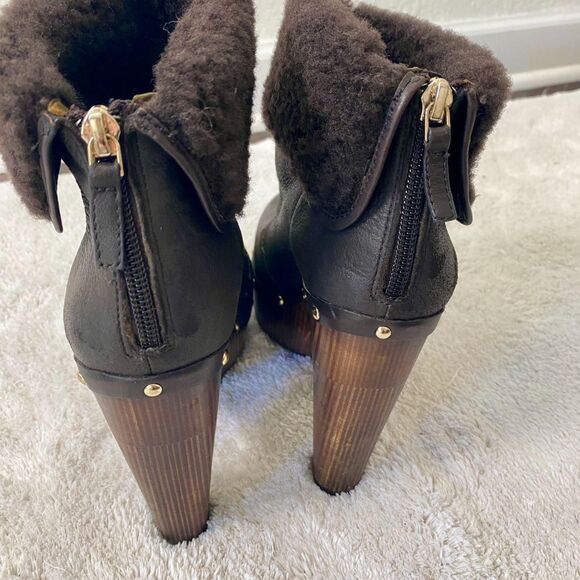 Elie Tahari Y2K Brown Leather Studded Platform Faux Fur Clogs Platform Boots 8.5 - Picture 3 of 8